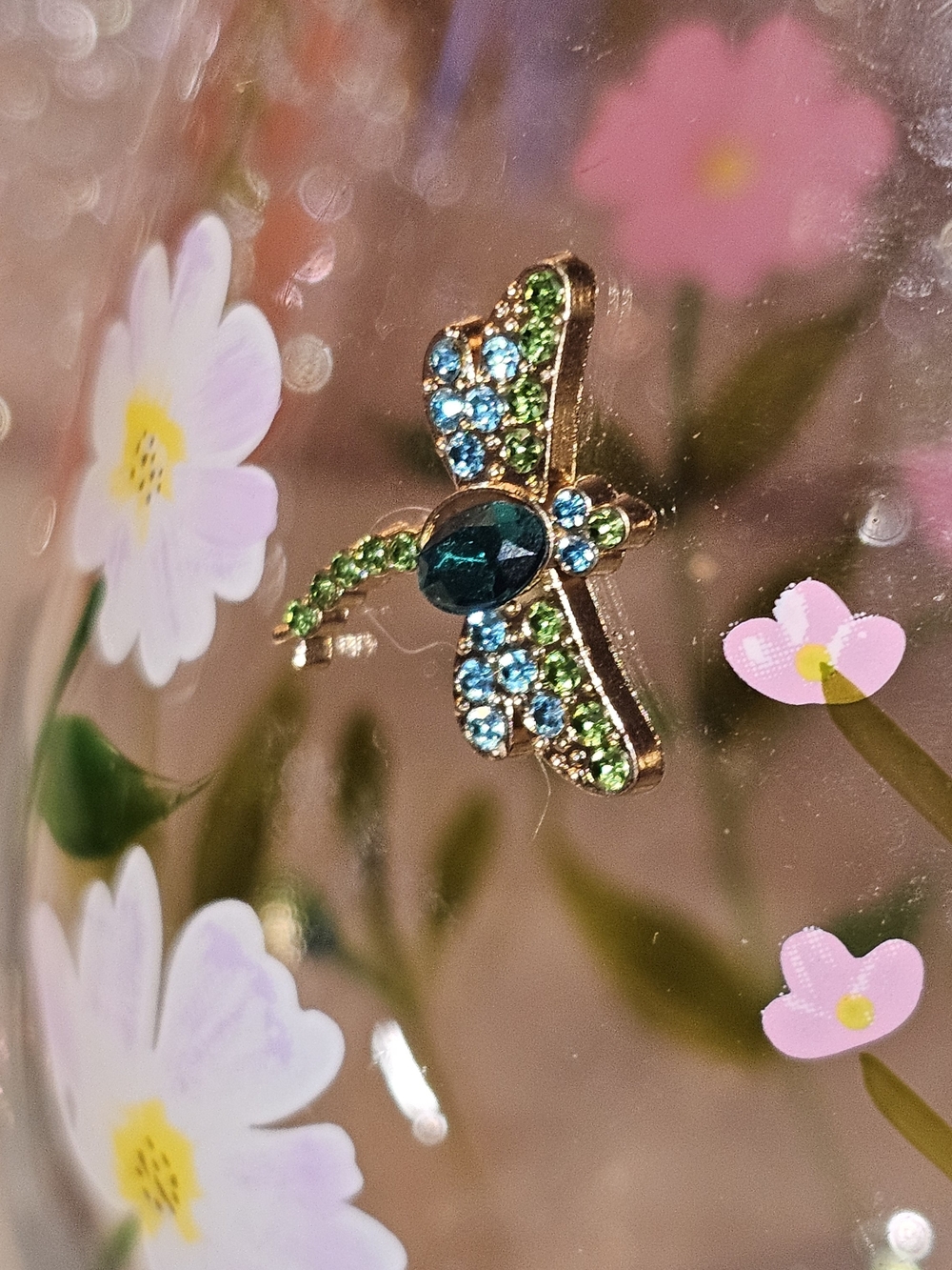 Hand-Painted Floral Glass Cup w/Metal Charms Dragonflies & Butterflies - Picture 4 of 5